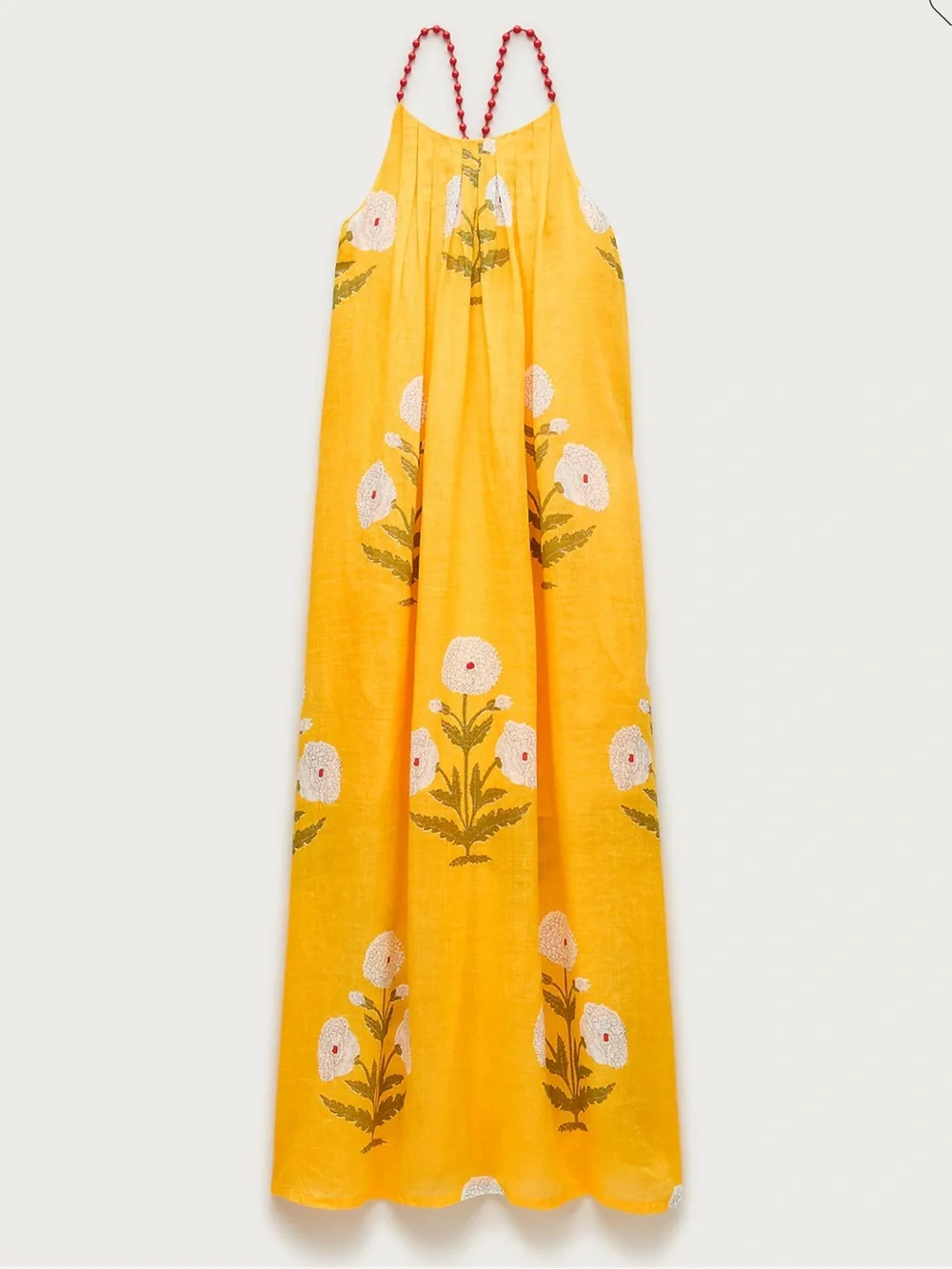 NWT J. Crew Beaded-strap dress in marigold block-print ramie Size Small
